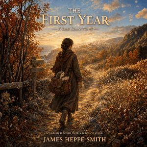 Book cover of The First Year: a courier walks a sunlit autumn path down to the coast, a leather bag at her side with a hedgehog peeking out among letters.