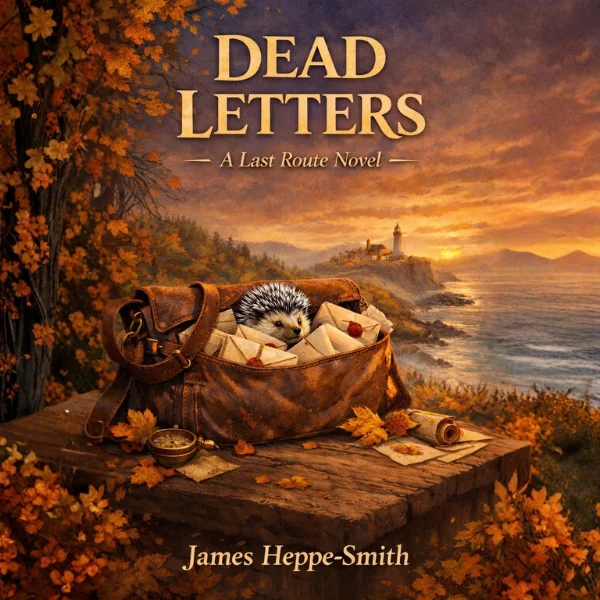 Book cover of Dead Letters: a spilled bundle of letters and envelopes on a coastal cliff at sunset, a hedgehog peeking out among them, a lighthouse on the distant headland.