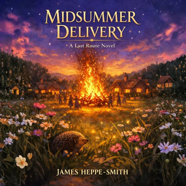 Book cover of Midsummer Delivery: a bonfire blazes in a wildflower meadow at twilight, figures gathered around it, distant village under a summer sky.