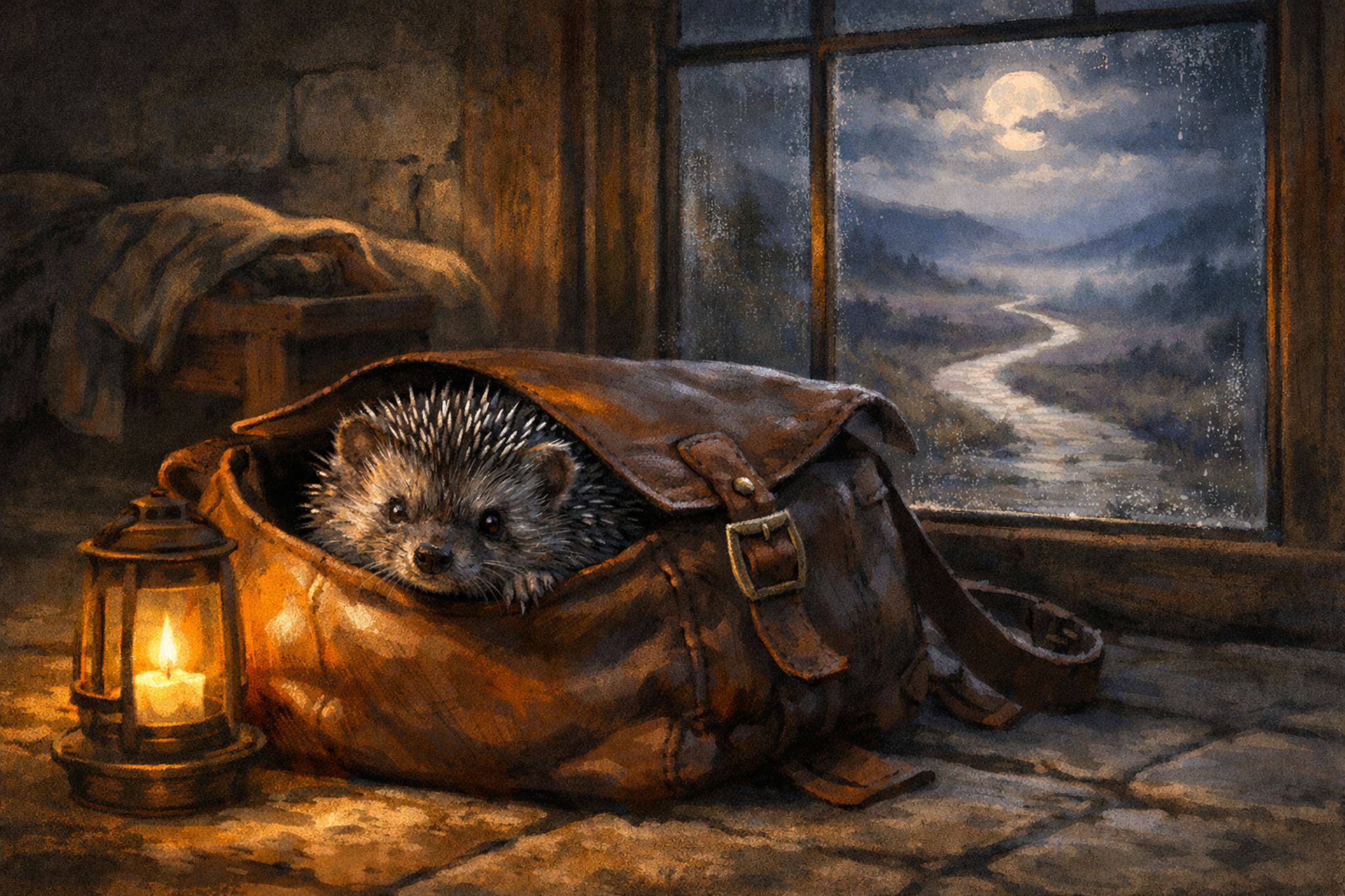 Thistle the hedgehog tucked in a courier bag by lantern light