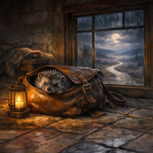 Thistle the hedgehog tucked in a courier bag by lantern light