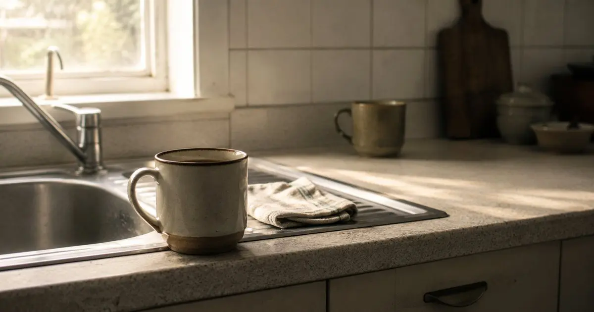 A half-full mug left on the edge of a kitchen sink in morning light, with a second mug abandoned on the counter behind it